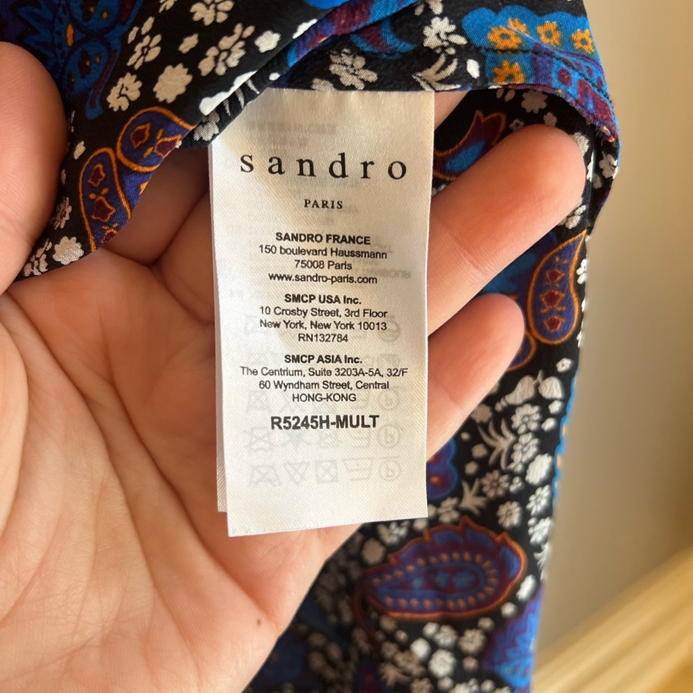 Sandro Paris Paisley Silk Shift Dress Mini Short Ruffle Blue Black Size 1 Small - Picture 6 of 7